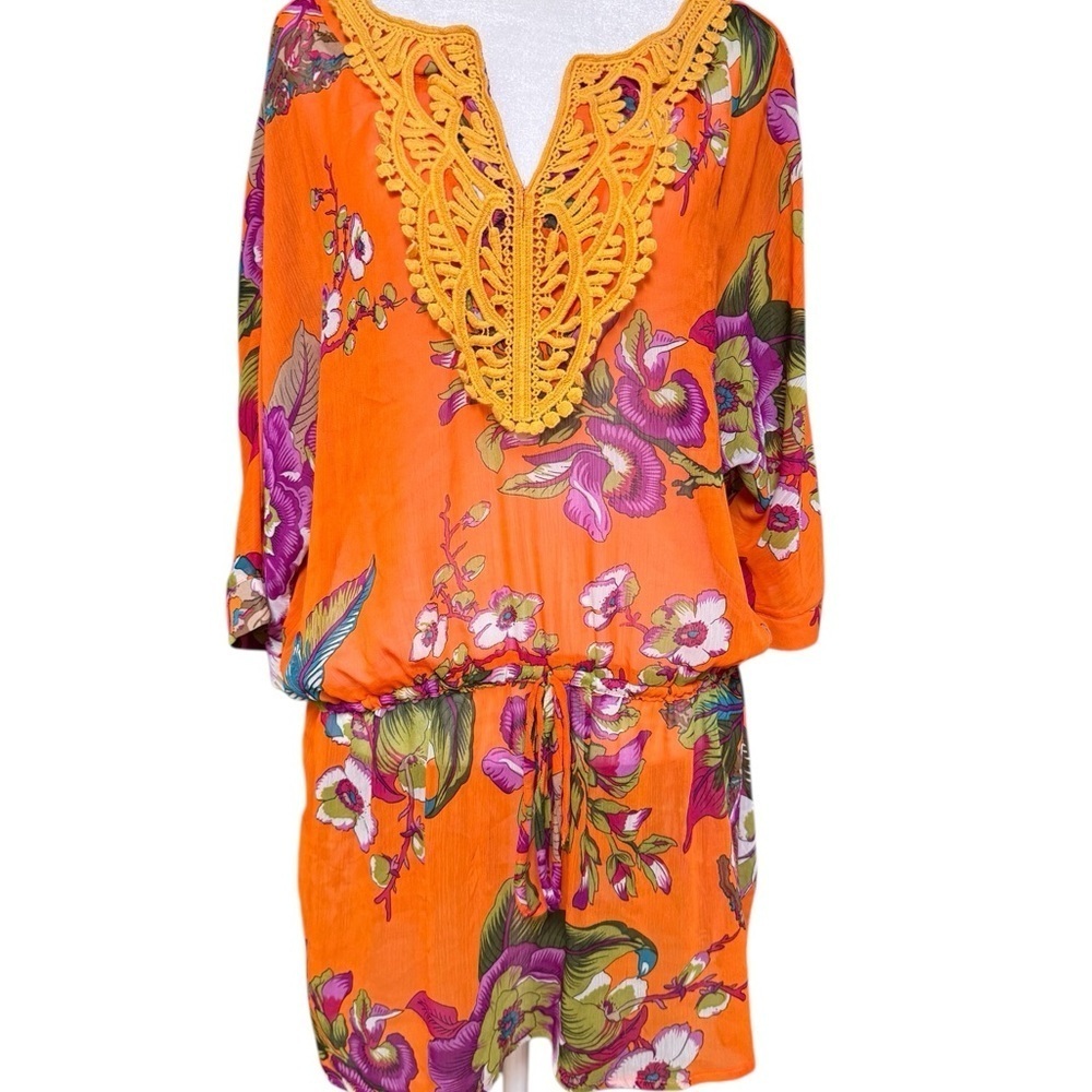 Orange Floral Crochet Neck Cover-Up Dress L Boho Vacation Resort Beach